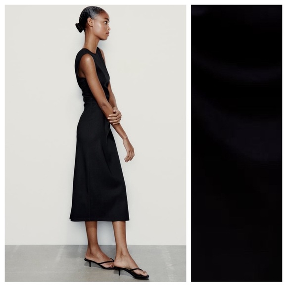 NWT. Zara Black Draped Side Fitted Midi Dress. Size XL. - Picture 3 of 9
